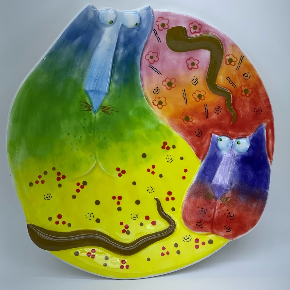 Studio Designworks Joy Cats Hand Painted Ceramic Hanging Plate Tray Folk Art